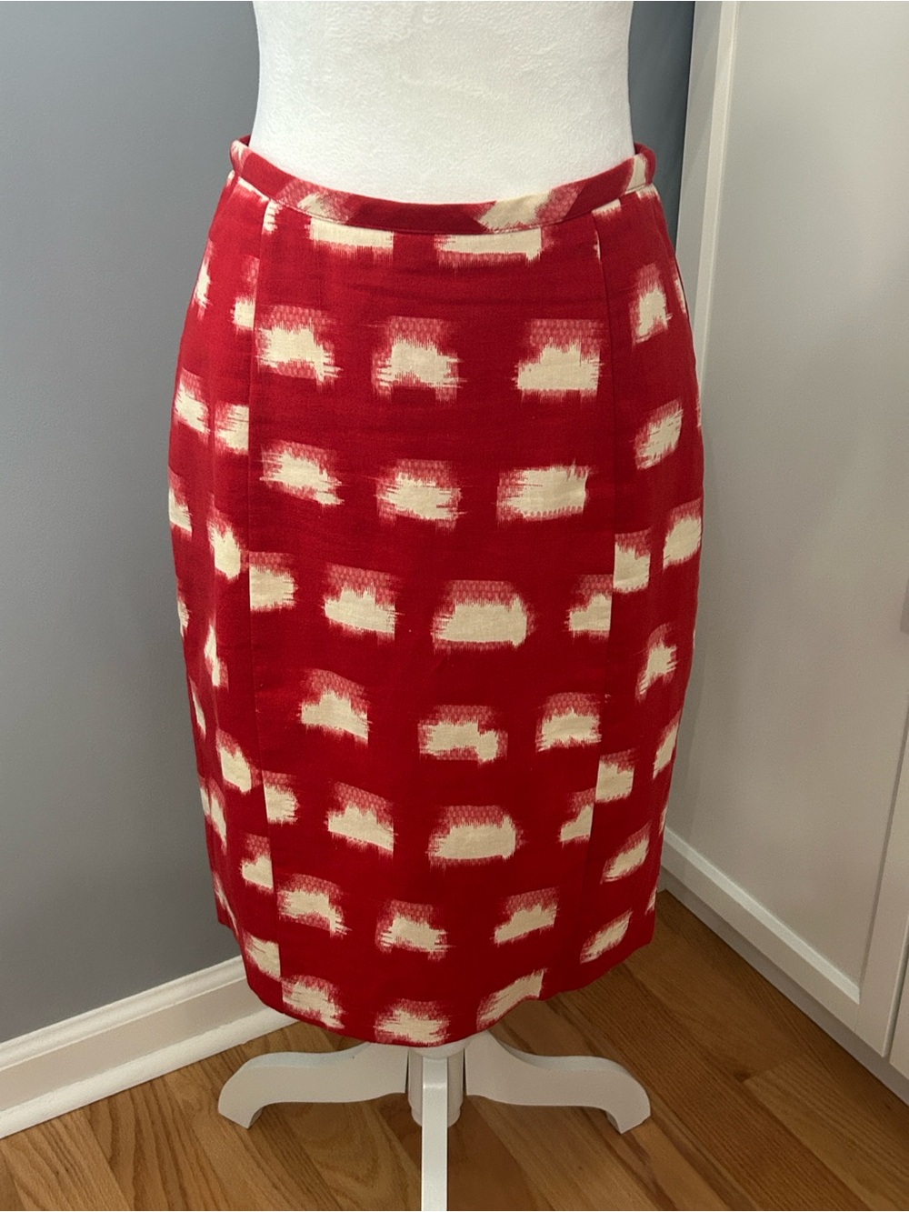 Corey Lynn Calter Red Cream Ikat Print Linen Blend Pencil Skirt Women's Size 6